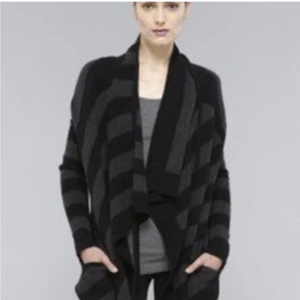 Vince Open Cardigan Cashmere Alpaca Wool Blend Stripes Black Grey XS Oversized
